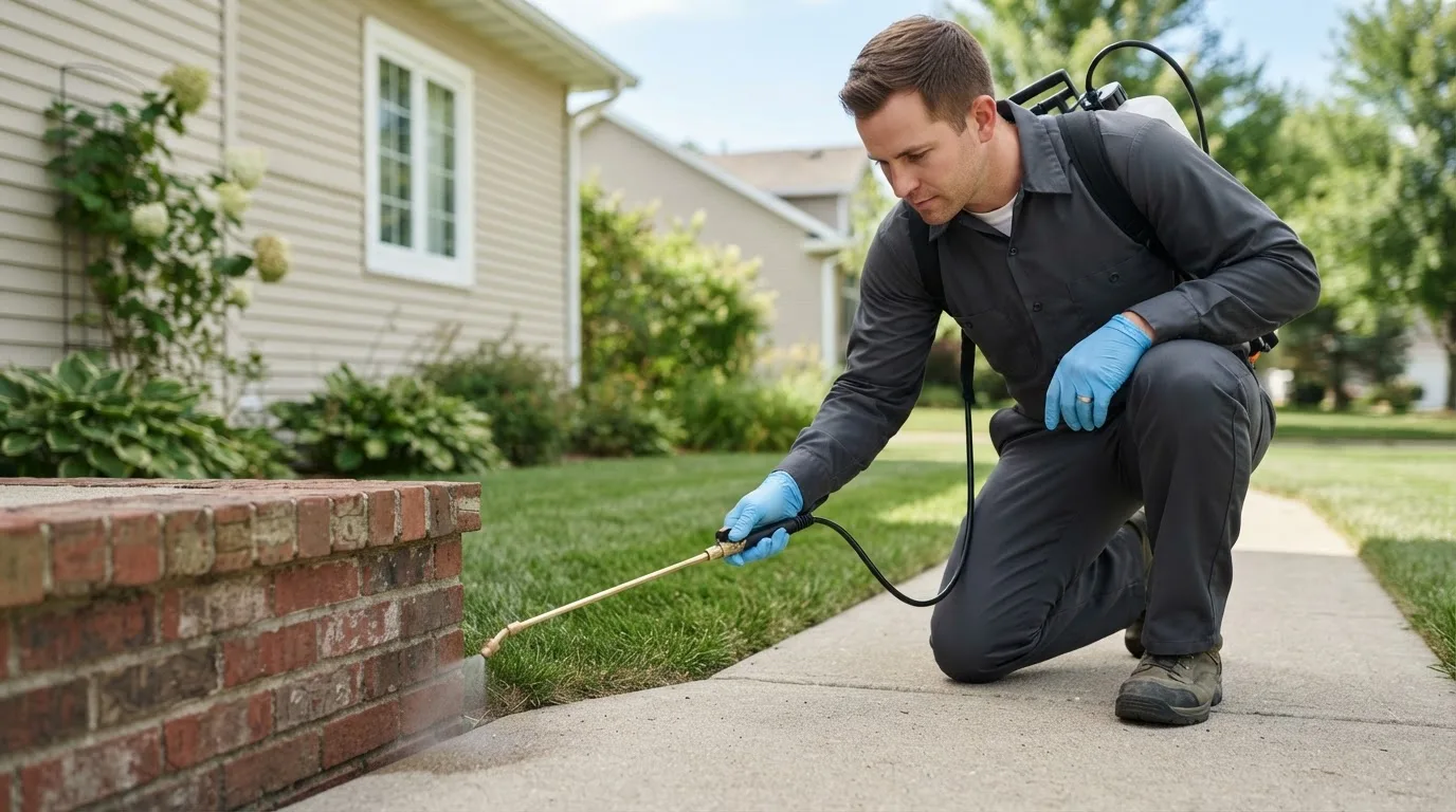 Pest control technician treating a home near East Greenwich, RI