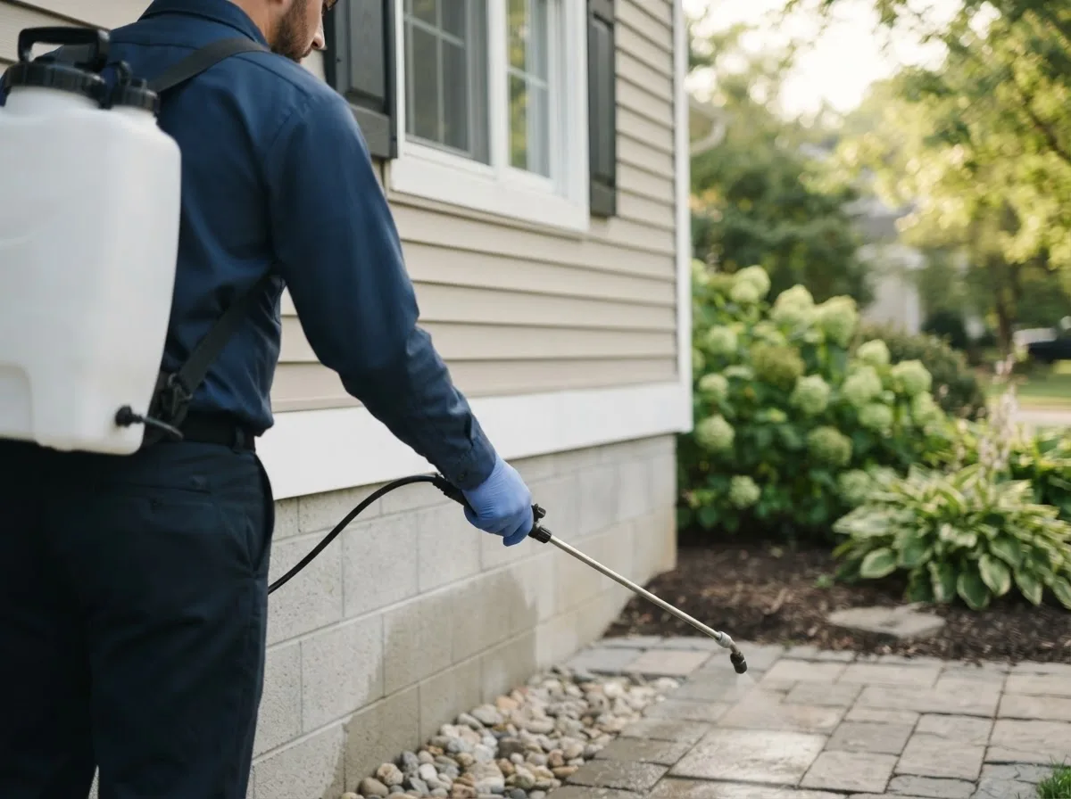 Pest control technician inspecting a home in East Greenwich, RI
